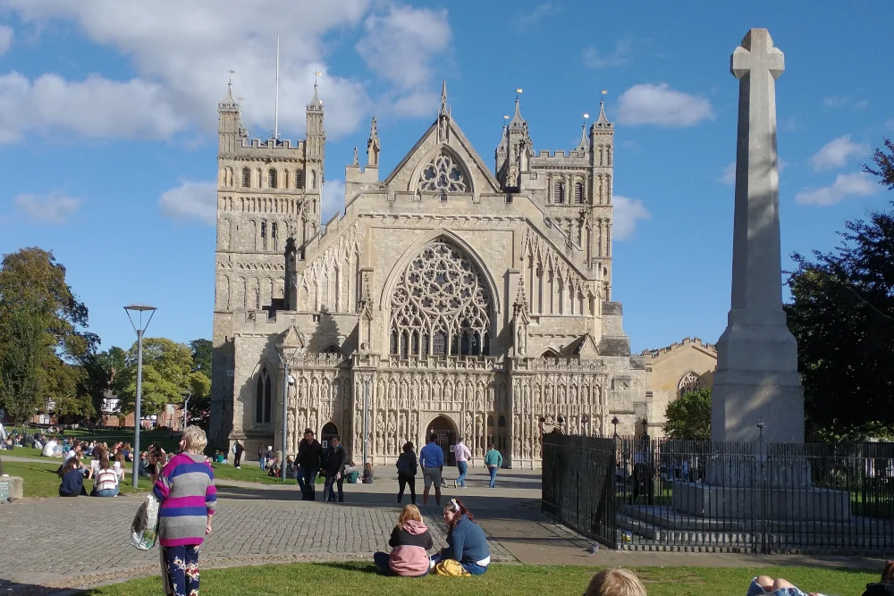 Exeter Cathedral exterior showing the front and Norman towers